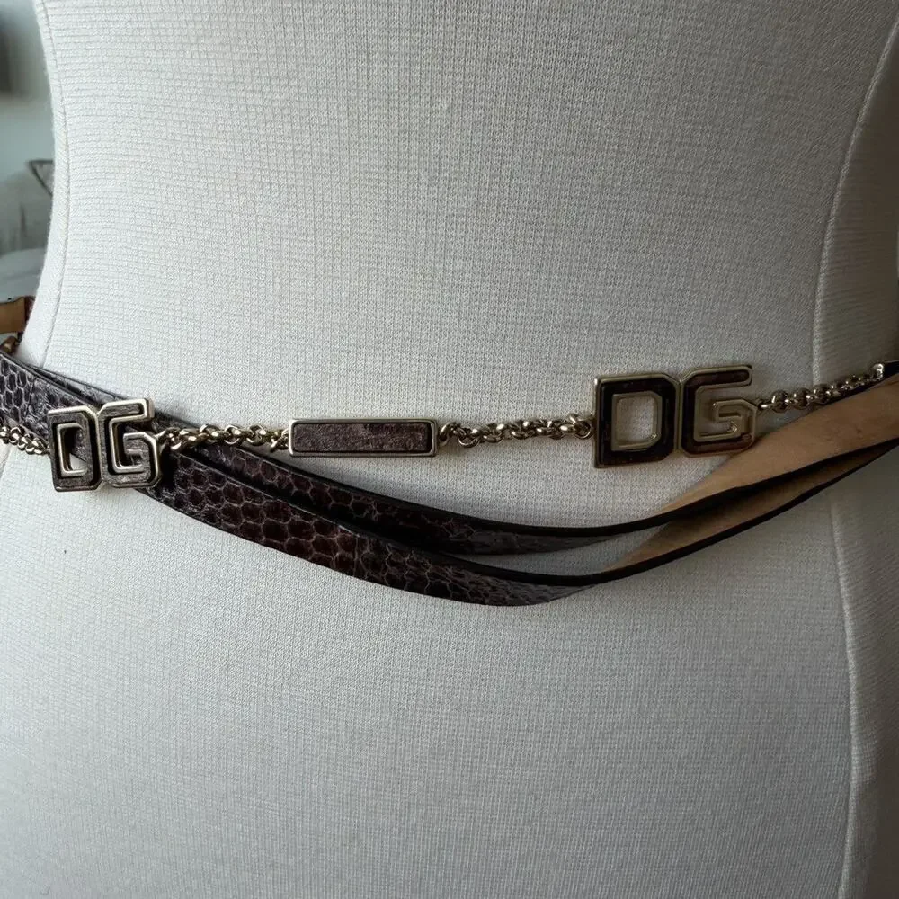 Dolce & Gabbana Brown Embossed Leather DG Logo Chain Belt
